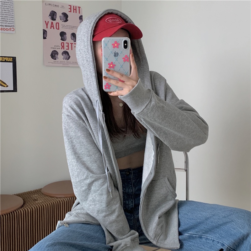 SUXI Áo Khoác Thể Thao Tay Dài Dáng Rộng Phối Khóa Kéo Phong Cách Hàn Quốc Thời Trang Cá Tính Cho Nữ