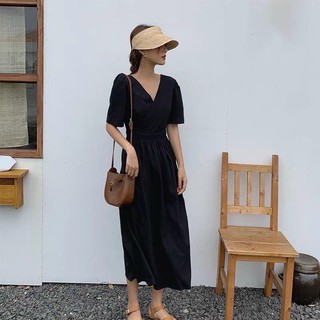Đầm MIDI Đen Đắp Chéo Hở V Đan Lưng