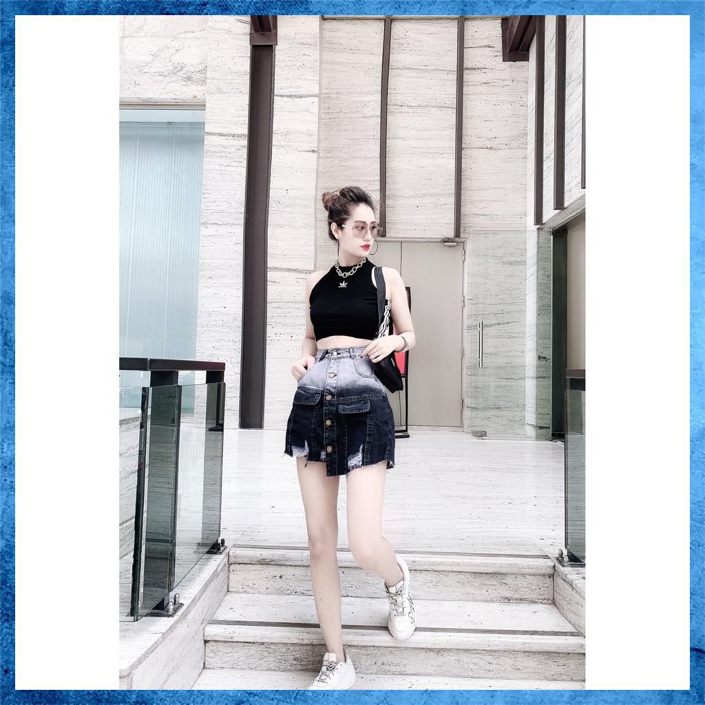 [Mã HUONGZOZO giảm 10K cho đơn 299K] Quần váy jeans rách nhẹ dáng chữ A lưng cao nắp loang màu V0115
