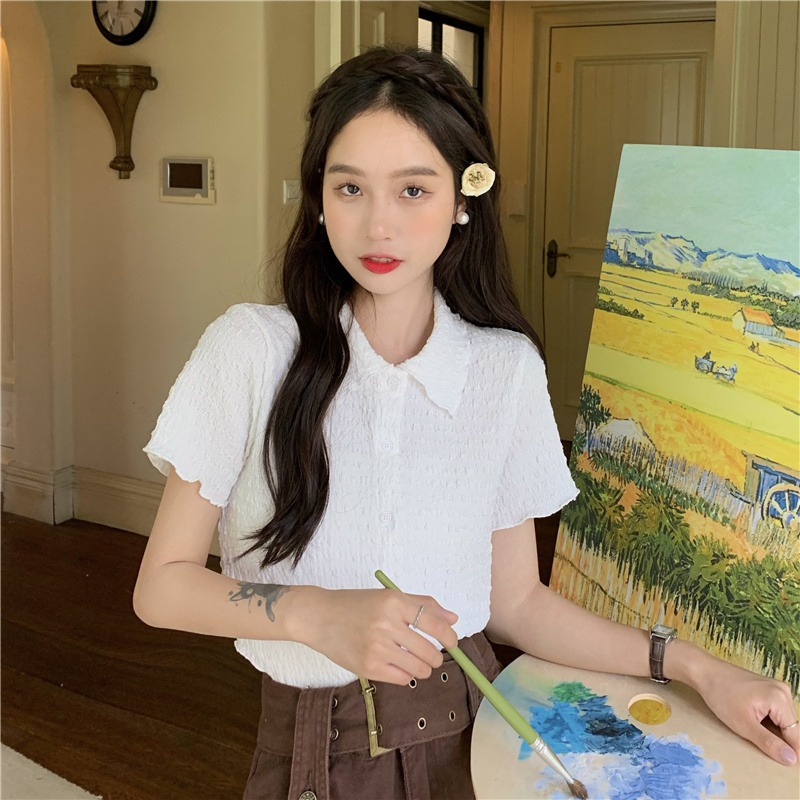 Áo Sơ Mi Ngắn Tay Cổ Bẻ Xếp Ly Thời Trang