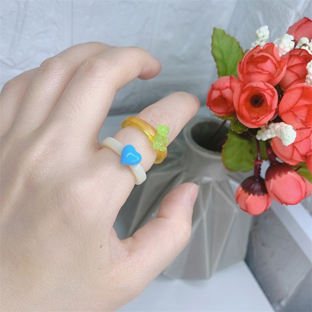 Set 2 nhẫn đeo tay bằng nhựa trong suốt họa tiết hình học đáng yêu