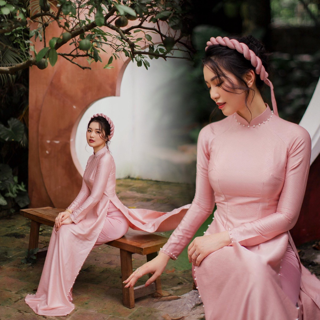 Áo Dài Xước Lụa Vân Gỗ Tone Hồng Chaang May Sẵn Truyền Thống Đính Viền Ngọc Dự Tiệc Lễ Tết Đẹp Sang Trọng ADC087