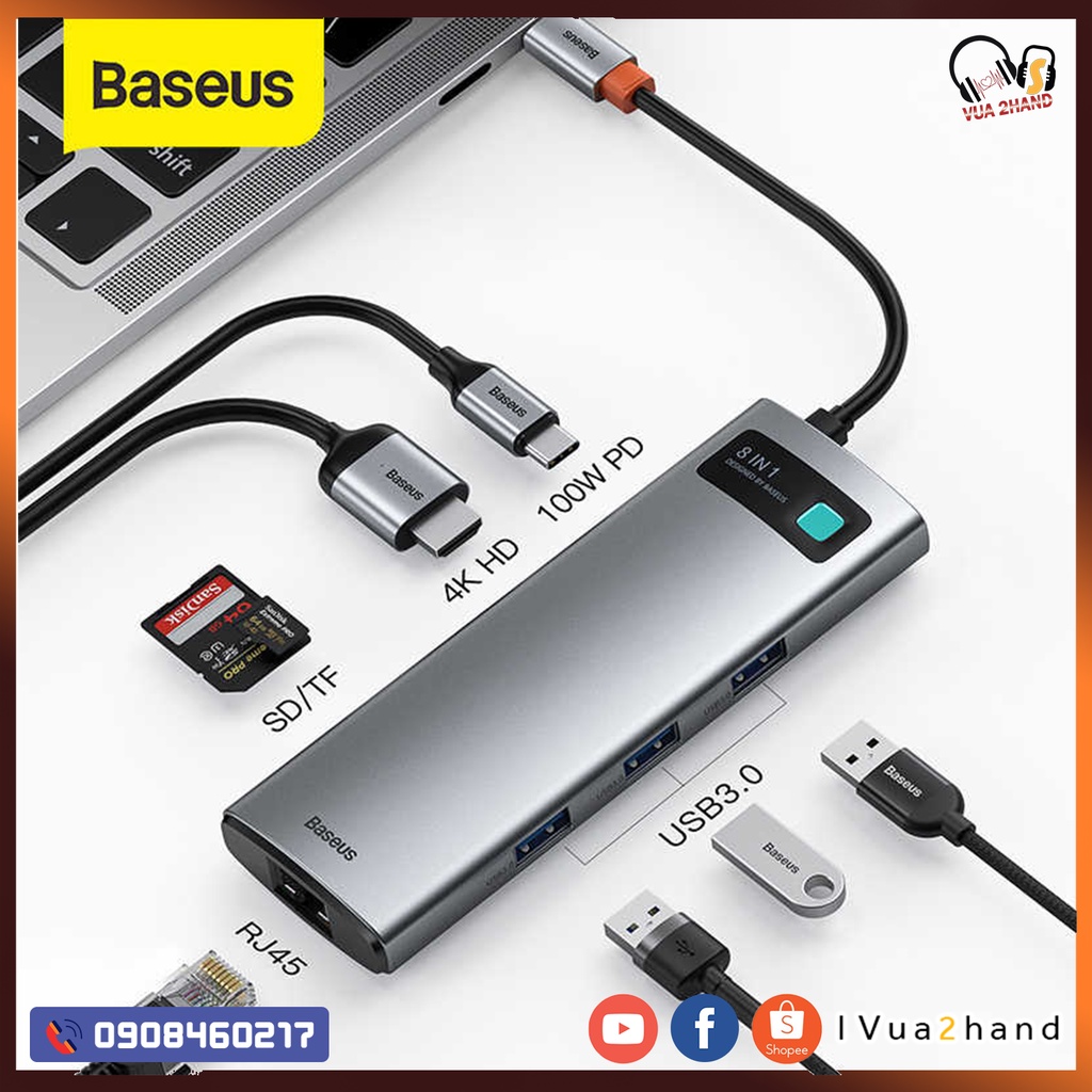 HUB chuyển đổi Baseus 8in1 USB-C To 4K HDMI,PD Charging Port,3 USB 3.0,SD/TF