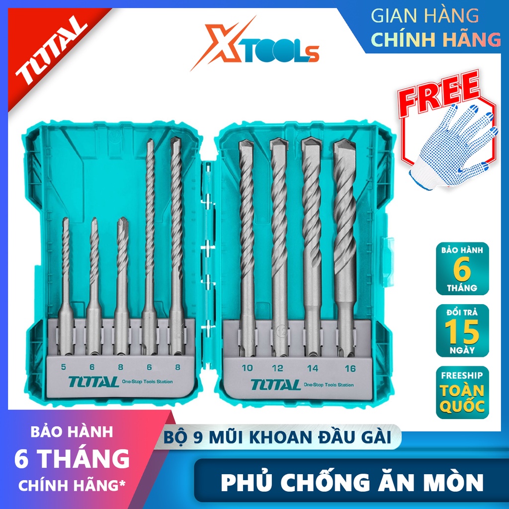 Bộ 9 mũi khoan bê tông TOTAL TACSDL30901 Combo 9 mũi khoan đầu gài 9 mũi có kích thước từ 5-16 mm, mũi khoan hợp kim thé