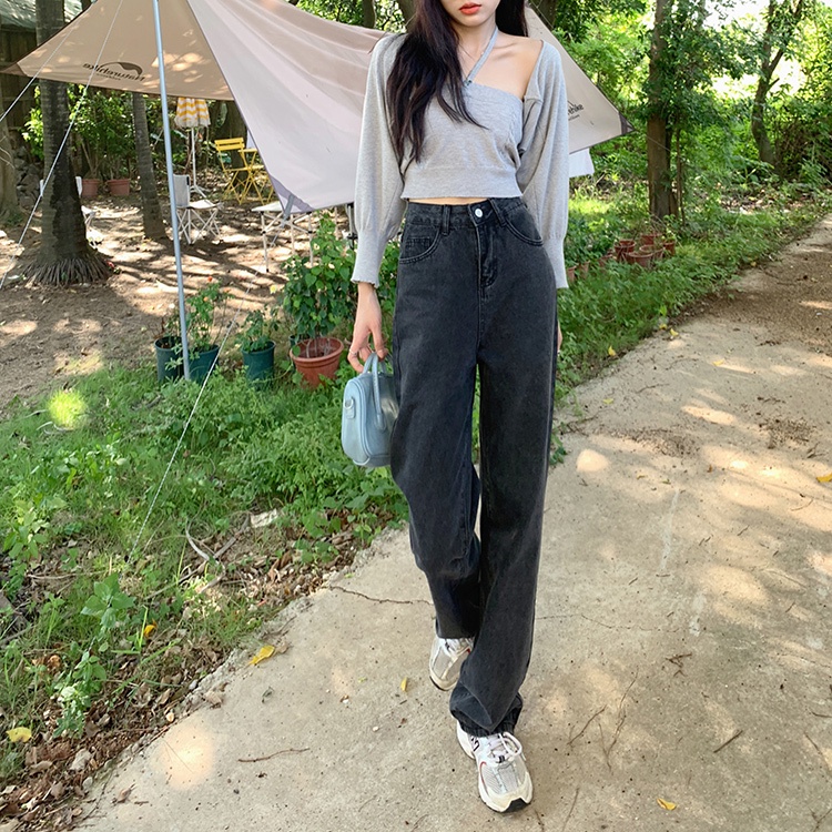 Quần jeans lưng cao ống rộng phong cách retro đường phố cho nữ