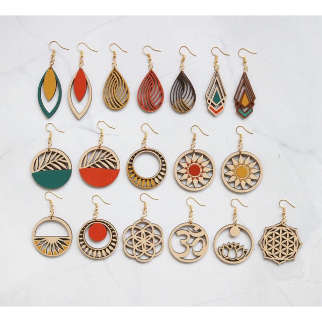 Combo 20 đôi khuyên tai bằng gỗ họa tiết boho, vintage siêu xinh