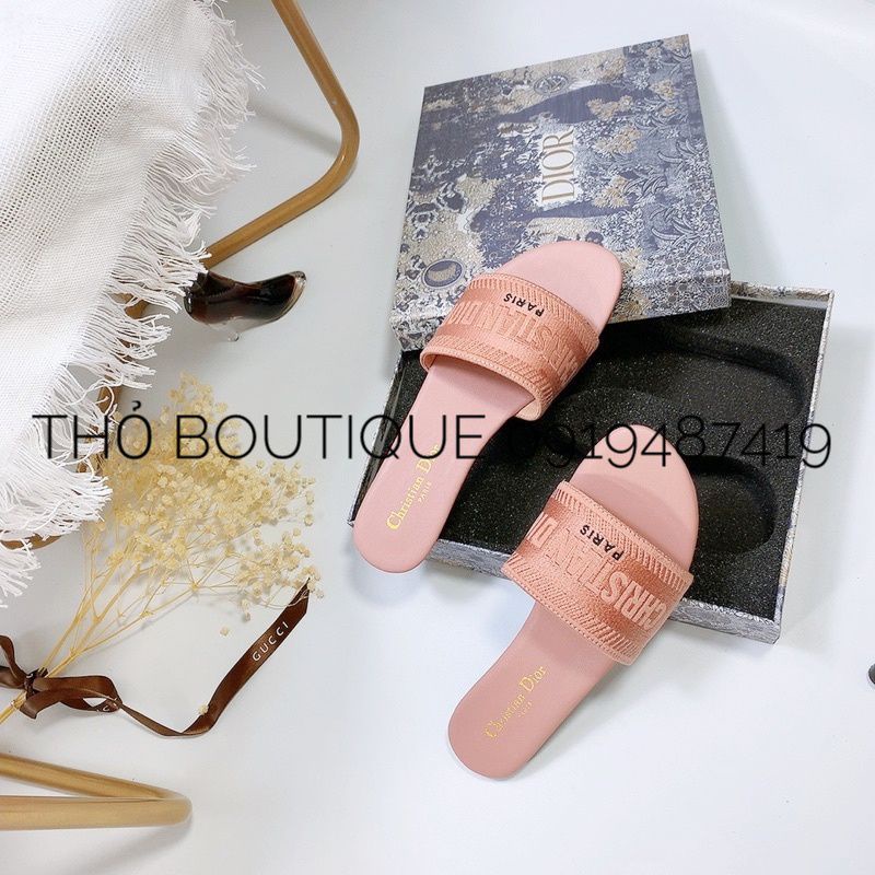 Dép bệt Di.or xuất Âu xịn thêu thổ cẩm quai ngang đế da mềm màu hồng size 38-39