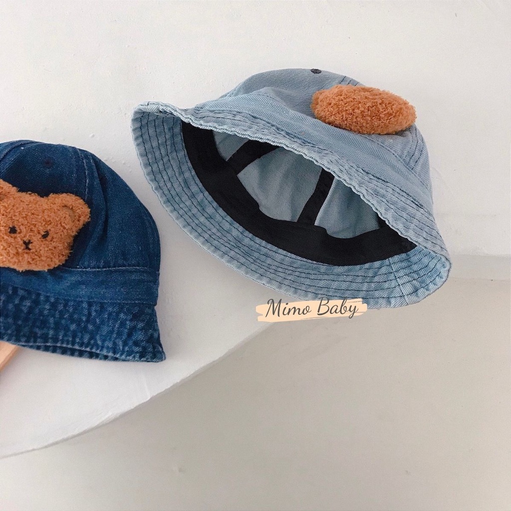 Mũ bucket, mũ tai bèo vải denim đính gấu bông phong cách vintage cho bé MH105 Mimo Baby
