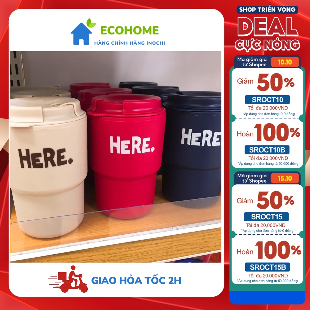 Cốc uống cafe, uống nước 2 lớp giữ nhiệt kèm nắp xoay có lỗ cắm ống hút 320ml hàng nội địa Nhật