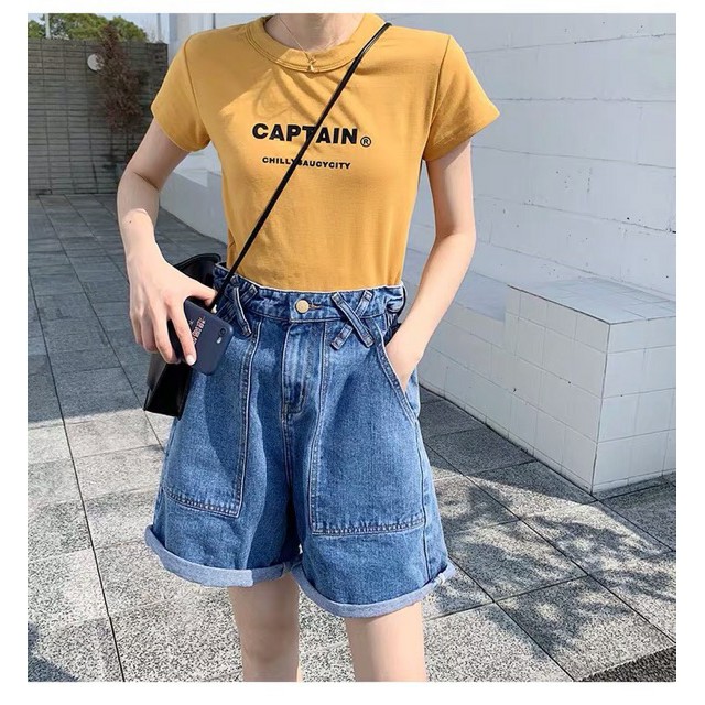 Quần Shorts Jeans Nữ Ống Rộng Túi Vuông Màu Xanh Nhạt Kèm Đai Nhân Cá Tính - 518