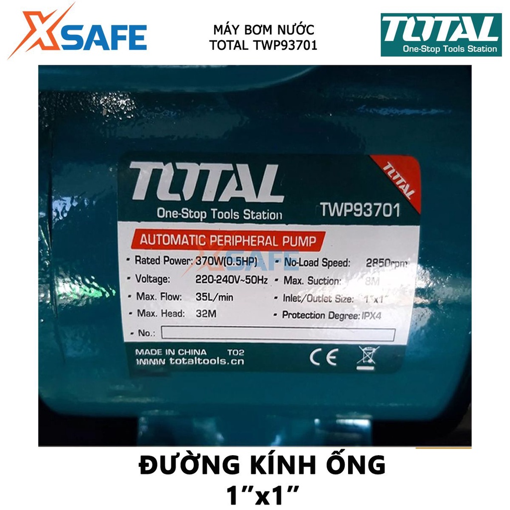 Máy bơm nước TOTAL TWP93701 công suất 370W(0.5HP), bơm cao tối đa 32m, hút sâu tối đa 8m, mô tơ dây đồng