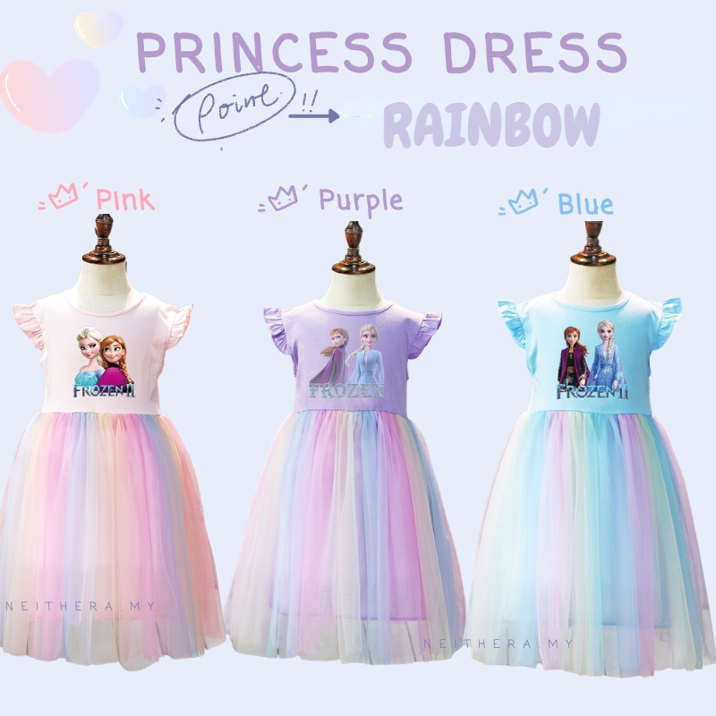 Đầm Công Chúa Elsa Anna Tay Dài Phối Lưới Màu Cầu Vồng Dễ Thương Cho Bé Gái