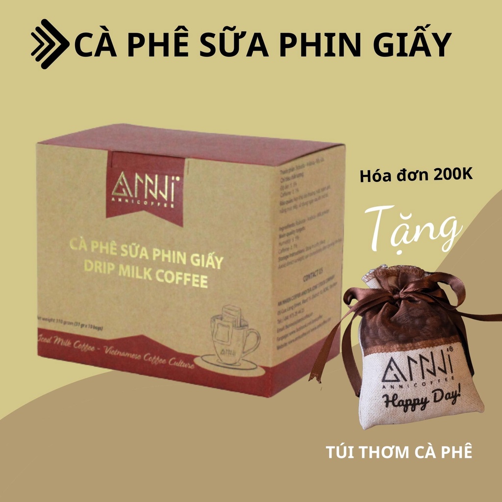 Cà phê sữa phin giấy thành phần Arabica Cầu Đất và Robusta Buôn Mê Thuột (10 gói/hộp) Anni Coffee, Drip Milk Coffee