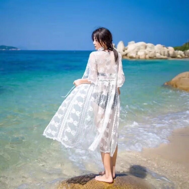 Áo choàng ren biển hoa dáng dài qua gối (~120cm) 1090#