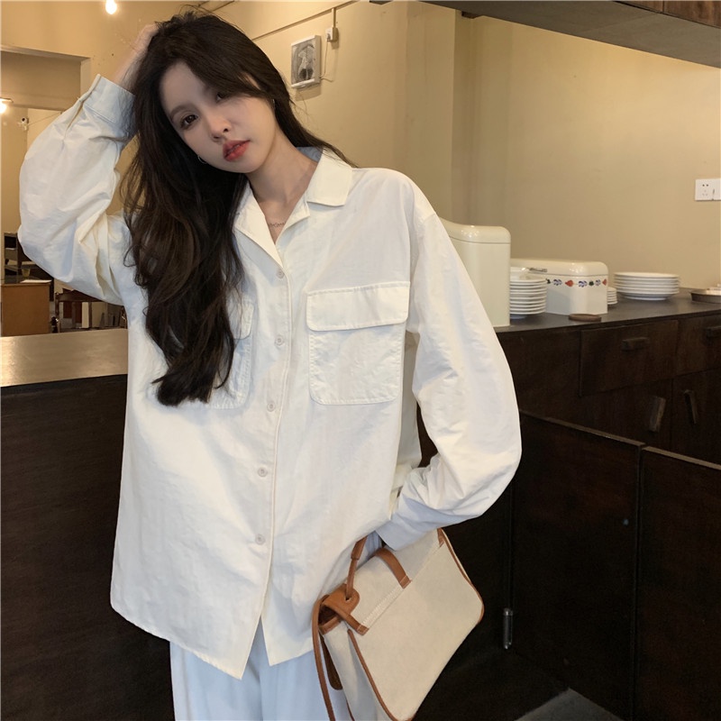 Áo Sơ Mi Trắng Tay Dài Dáng Rộng Cổ Bẻ Thời Trang Mùa Hè Cho Nữ