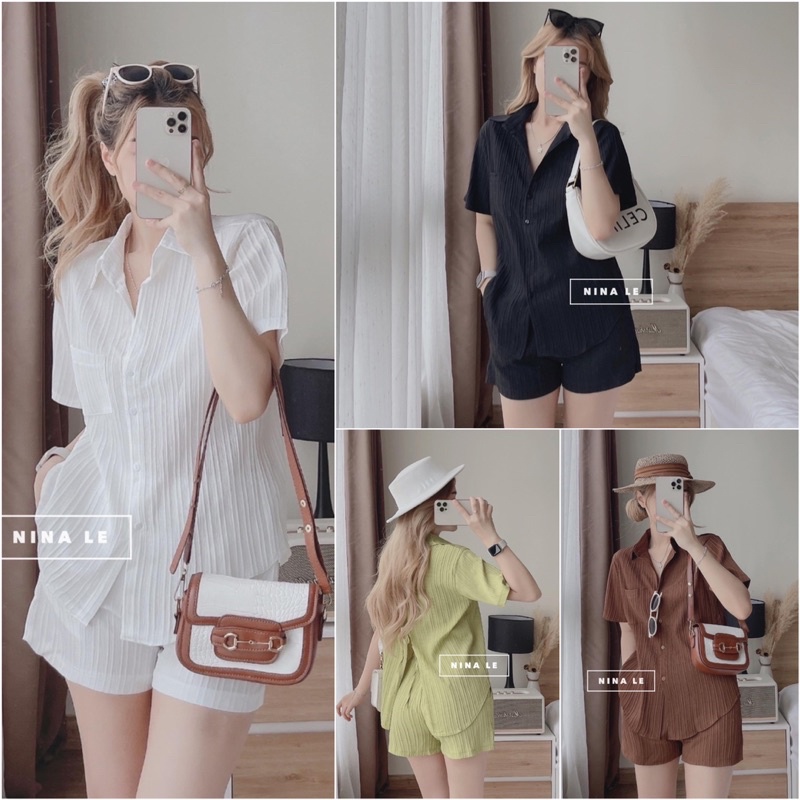 Set Áo Sơ Mi Cọc Tay Thắt Nơ Lưng Kèm Quần Short Lưng Chun 4Màu