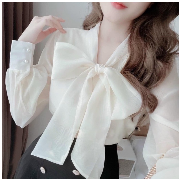 Áo sơ mi tay bồng cổ nơ khuy  tiểu thư 2 lớp mặc đi tiếc, đi làm cực xinh