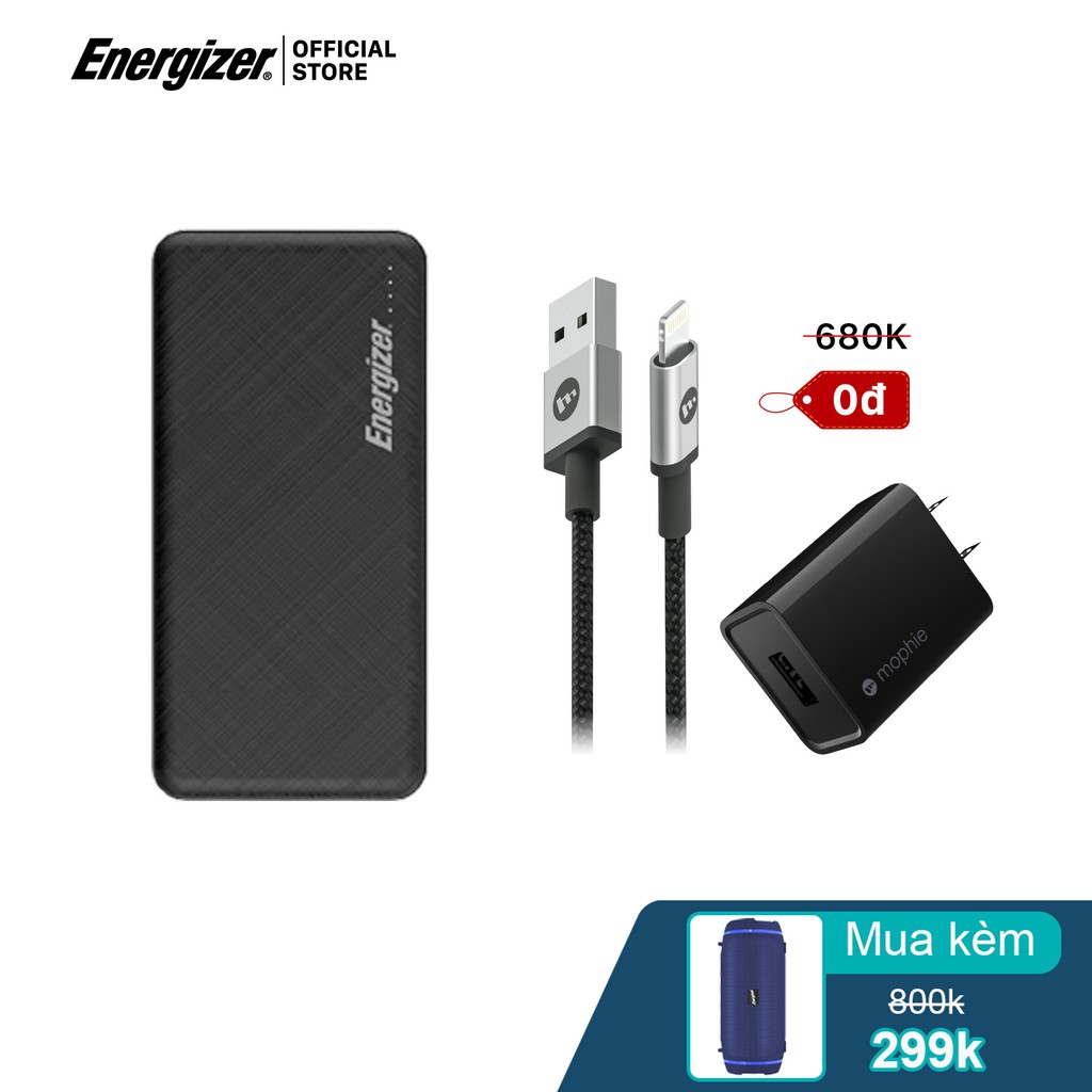 Combo sạc dự phòng Energizer 10,000mAh UE10053 - sạc Mophie 10W - cáp Mophie A to Lightning 1M - Hàng Chính Hãng