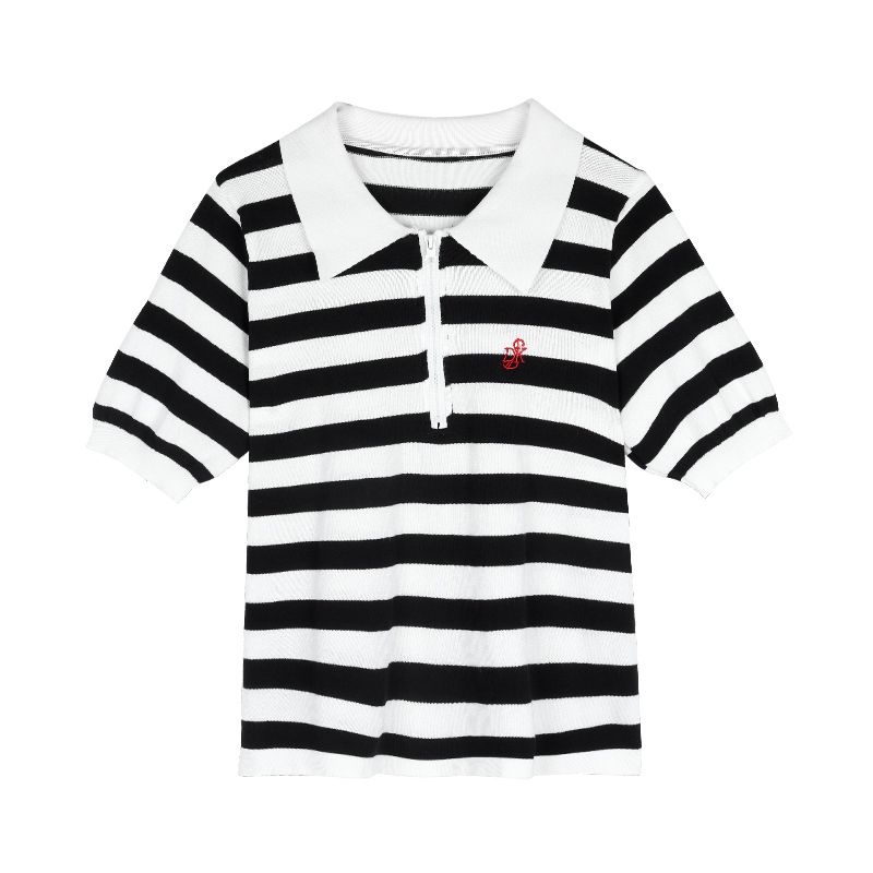 Áo polo Ngắn Tay Dáng Rộng Họa Tiết Kẻ Sọc Trắng Đen Phong Cách Retro Mỹ Hàng Mới Dành Cho Bạn Nữ