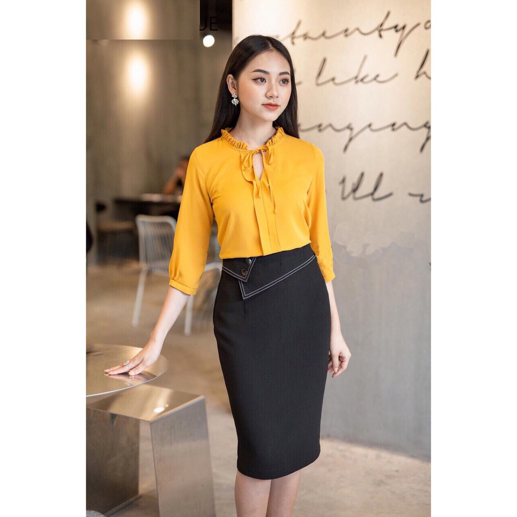 Chân váy bút chì, váy công sở vạt chéo chỉ nổi 2 khuy sắt hàng công sở cao cấp | BigBuy360 - bigbuy360.vn