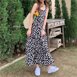 Váy hai dây hoa cúc dài hai màu đen tím (có ảnh thật ở cuối)