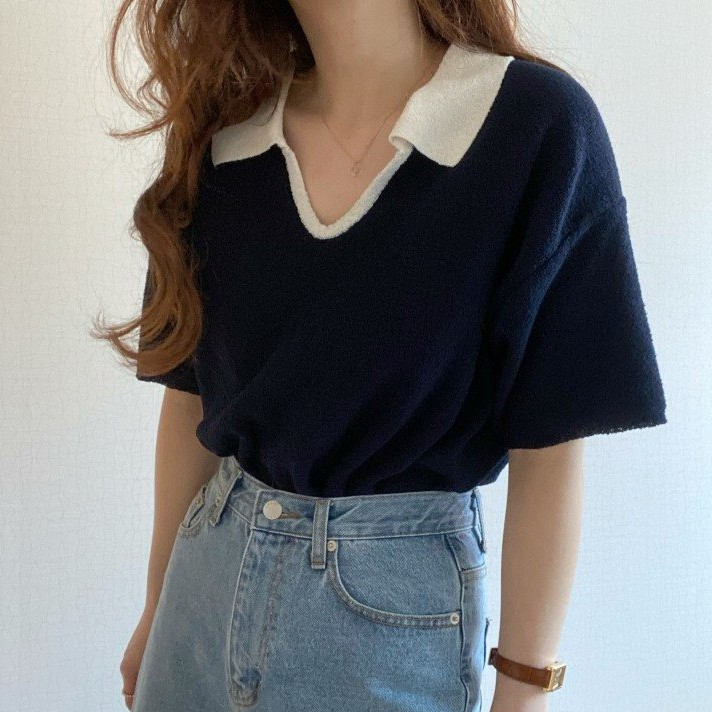 Áo Sweater Tay Ngắn Cổ Polo Phong Cách Hàn Quốc | BigBuy360 - bigbuy360.vn