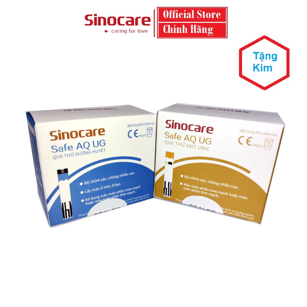 Combo 50 Que Thử Đường Huyết + 50 Axit Uric  Dùng Cho Máy Safe AQ UG Chính Hãng Sinocare