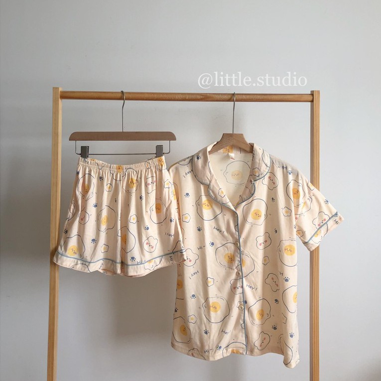 Bộ pyjama mặc nhà họa tiết trứng rán dễ thương đơn giản chất thun mỏng nhẹ thoáng mát Hàn Quốc mùa hè