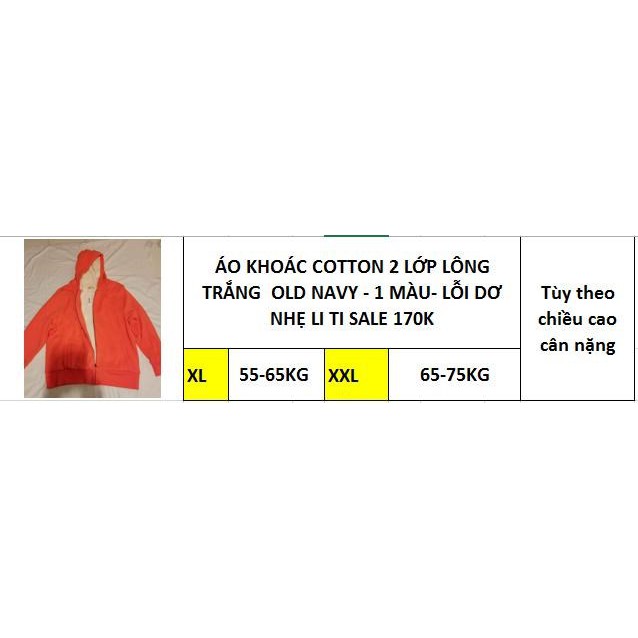 Áo Khoác OLD NAVY Thun Cotton Dày 2 Lớp Lót Lông Tay Dài Có Nón Cam Lỗi Dơ Nhẹ