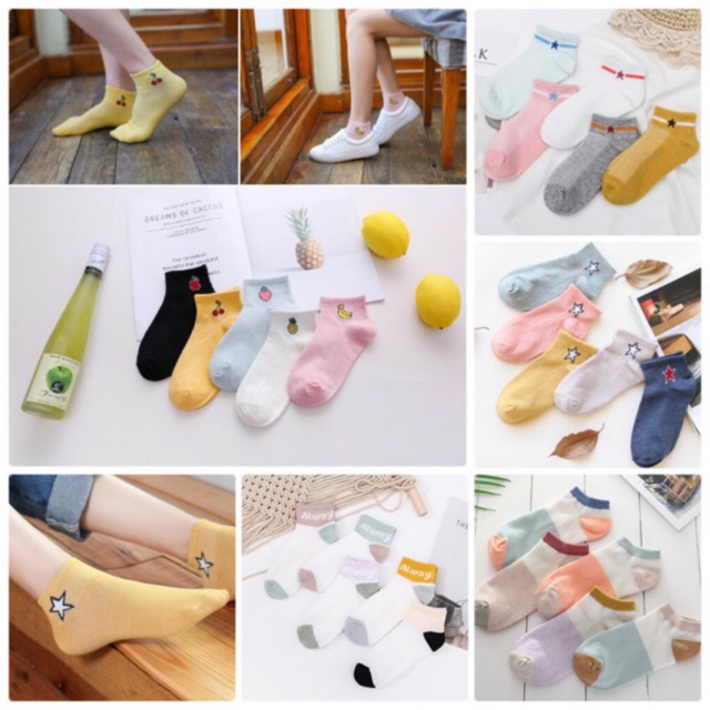 Tất nữ cổ cao, vớ cổ ngắn nữ 5 đôi đủ màu vải cotton co giãn họa tiết dễ thương TC22 - VHT SHOP