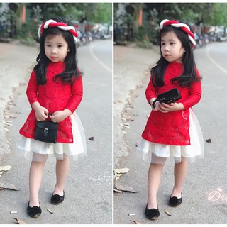 ( SALE SẬP SÀN ) Áo dài cách tân gấm ren màu đỏ + Tặng mấn + chân váy
