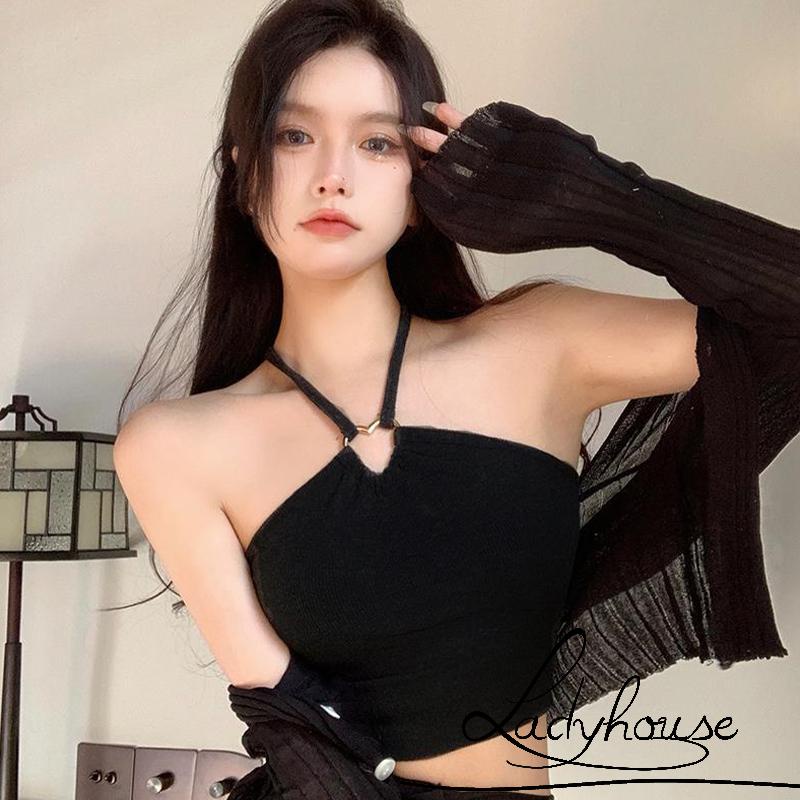 Áo Thun Không Tay Cổ Yếm Màu Trơn Co Giãn Dành Cho Nữ