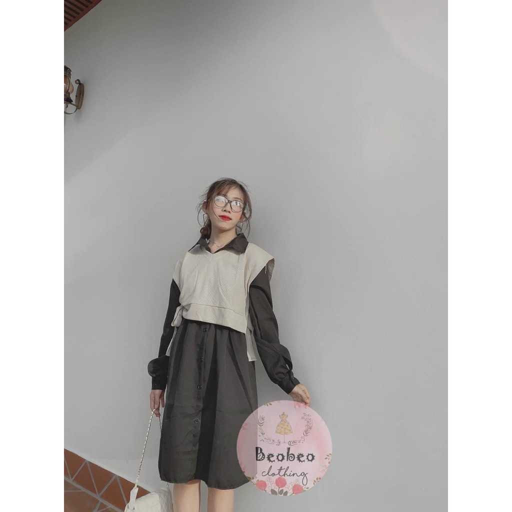 Set đầm sơ mi tay phồng phối nút kèm áo gile thắt nơ vintage