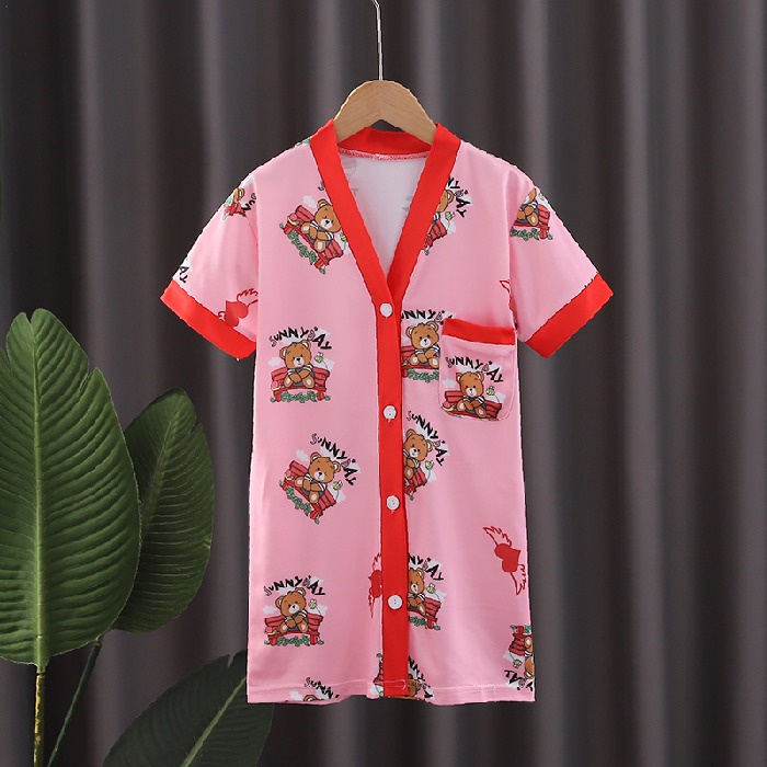 Đầm Ngủ Tay Ngắn Chất Cotton In Họa Tiết Hoạt Hình Phong Cách Hàn Quốc Xinh Xắn Cho Bé Gái