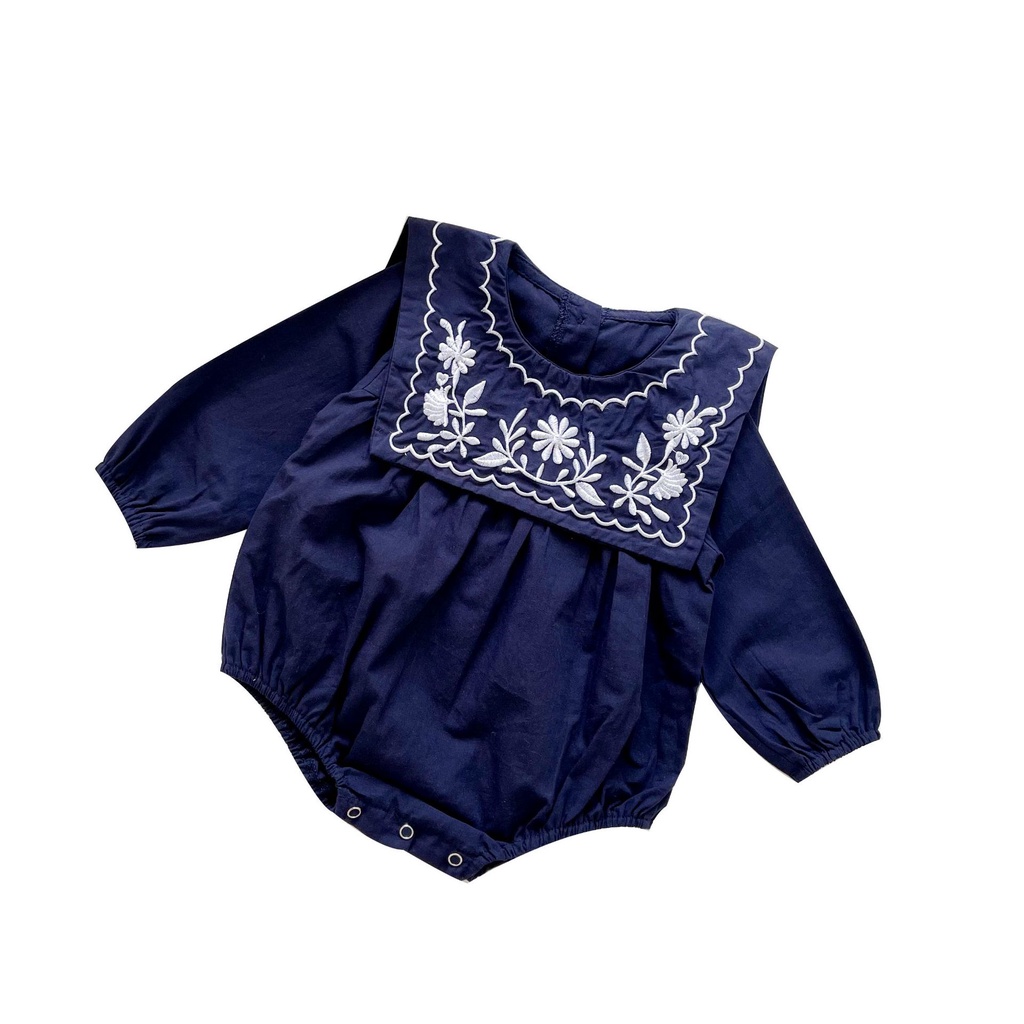 Áo Liền Quần Cotton Tay Dài Cổ Thủy Thủ Thêu Họa Tiết Xinh Xắn Thời Trang 2020 Phong Cách Hàn Quốc Cho Bé Gái