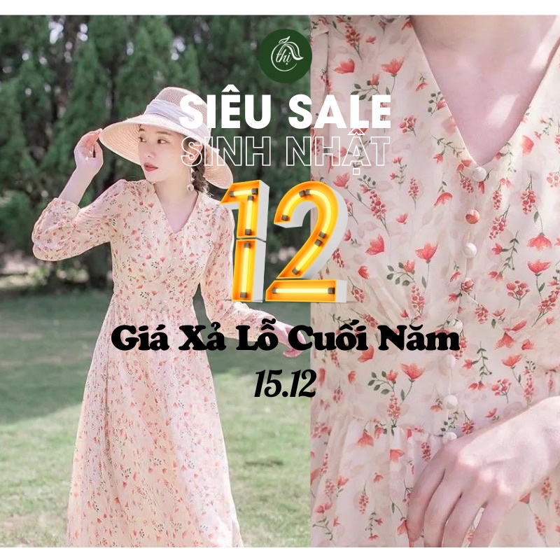 Váy hoa nhí dáng dài màu cam đào, phong cách nhẹ nhàng, tiểu thư phù hợp cho mùa Tết | BigBuy360 - bigbuy360.vn