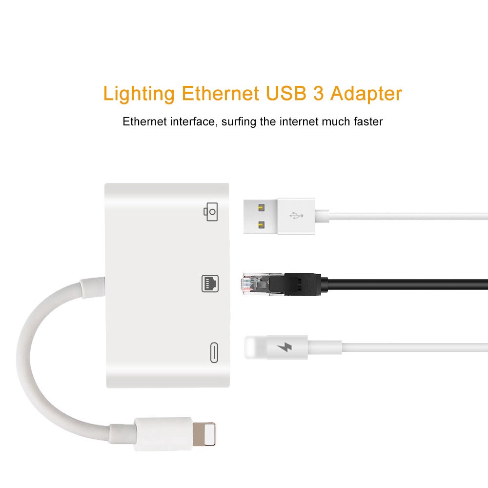 Đầu đọc thẻ nhớ 3 trong 1 cổng lightning sang LAN 100Mbps Ethernet RJ45 OTG USB