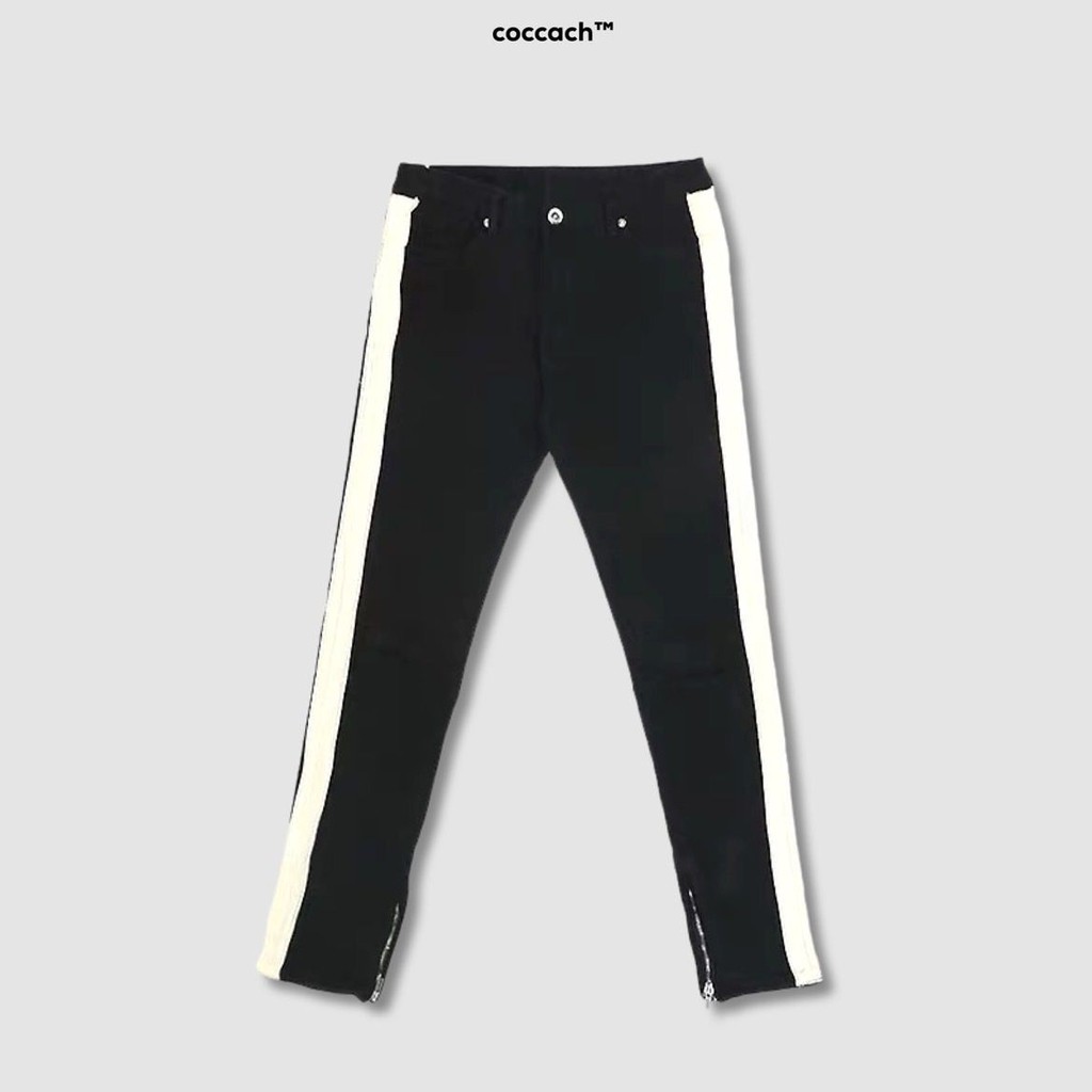 [Mã FAMALLT5 giảm 15% đơn 150k] Quần jeans nam nữ sọc trắng zip gấu QD628 by COCCACH