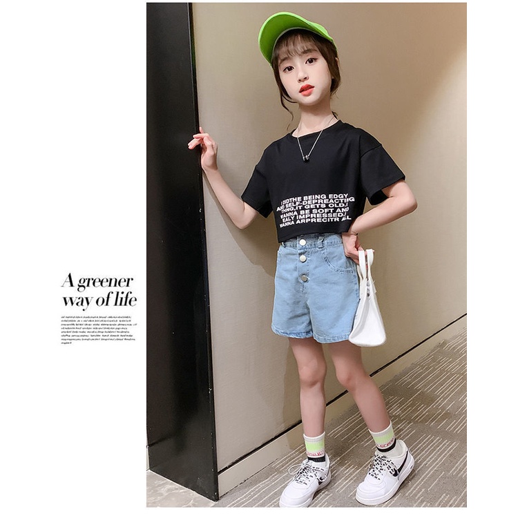 Set Áo Thun Tay Ngắn + Quần short denim Phong Cách Hàn Quốc Cho Bé Gái