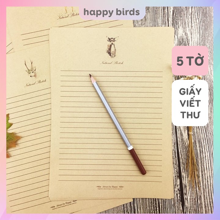 Giấy viết thư tập 5 tờ giấy vintage kraft viết thư làm thiệp handmade quà tặng combo HappyBirds