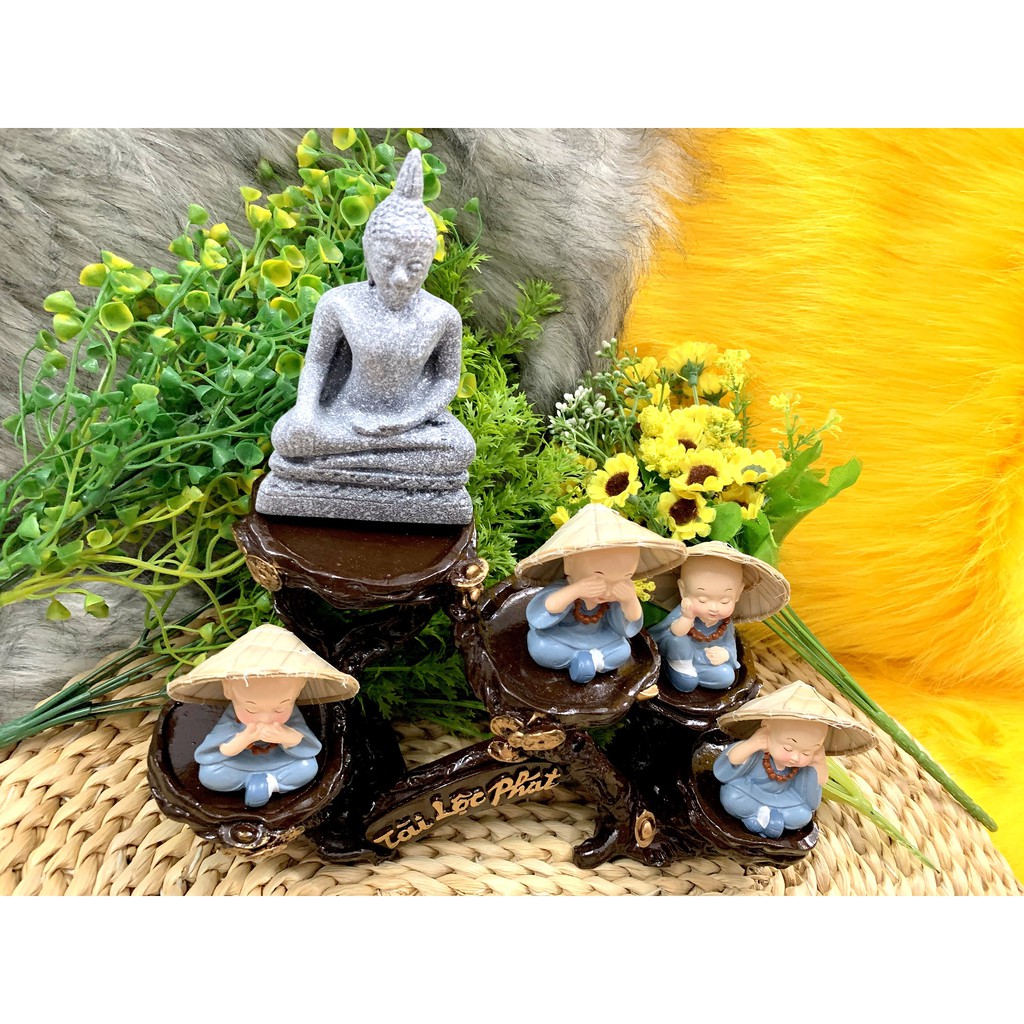 Tượng Phật và các chú tiểu tứ không nón lá tọa đế Tài Lộc Phát
