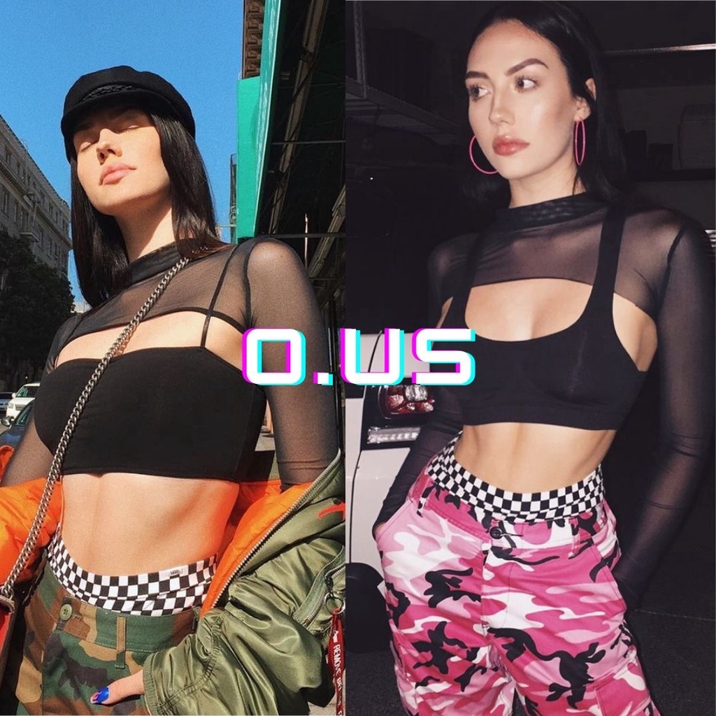 Áo croptop hở ngực ren lưới body đen dài tay hip hop sexy Châu Âu