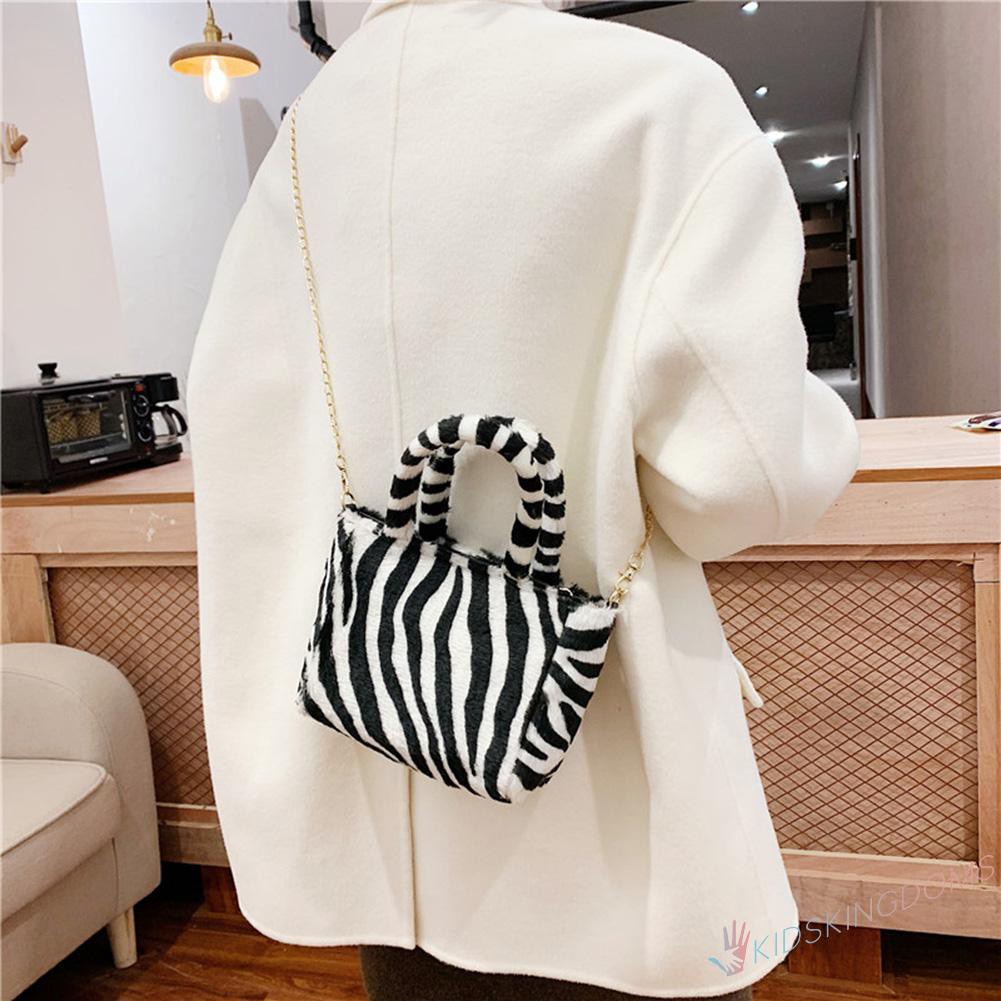 【Big Sale】Autumn Shoulder Handbag Zebra Pattern Plush Women Chain Messenger Bag Totes