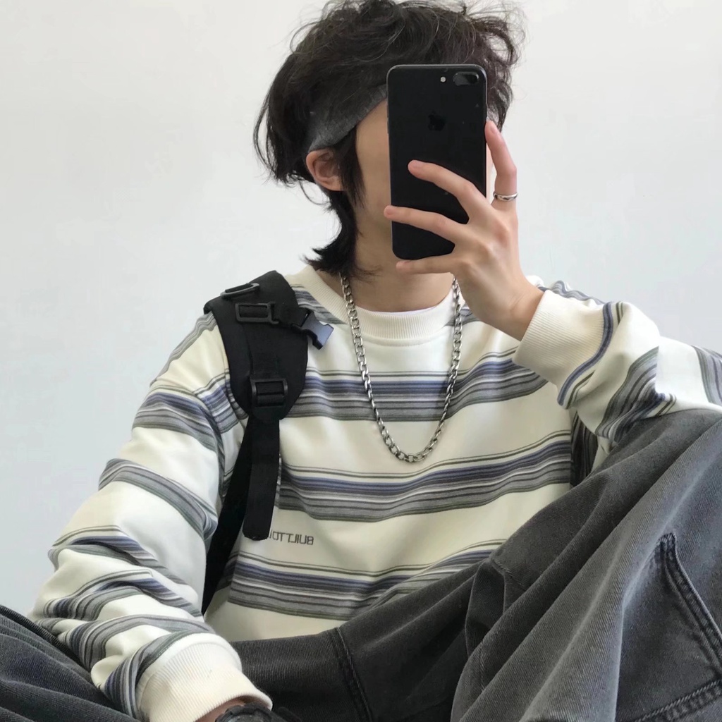 Áo Sweater tay dài dáng rộng họa tiết kẻ sọc phong cách vintage Hàn Quốc thời trang cho nam