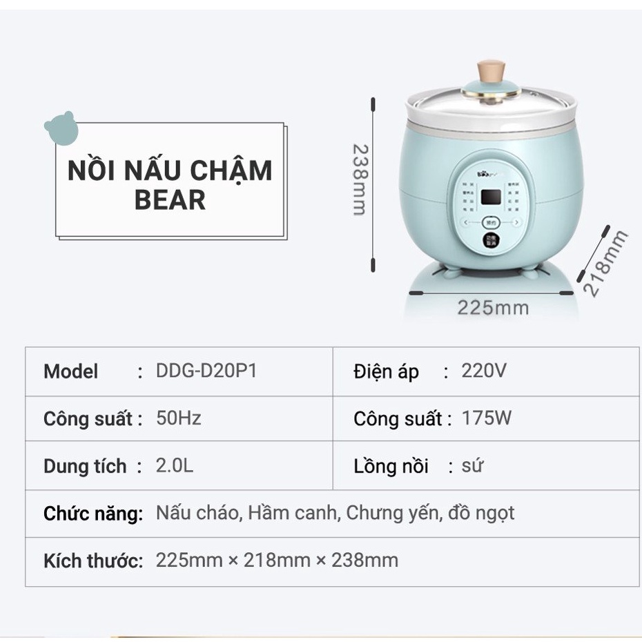 Nồi nấu chậm đa năng 2L Bear DDG-D20P1 - Chính hãng - Bảo hành 18 tháng