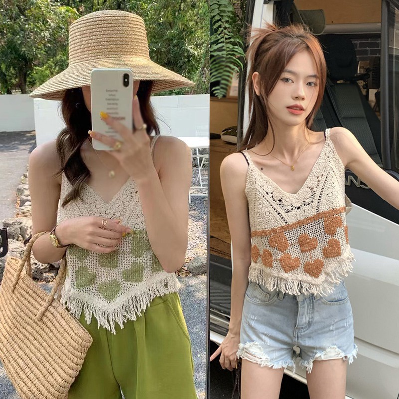 Áo Tank Top Dệt Kim Sát Nách Cổ Chữ V Phối Tua Rua Thiết Kế Đơn Giản Cho Nữ