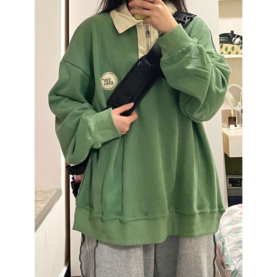 Áo sweater nữ polo 2022 màu xanh lá, áo nỉ nữ đẹp cổ polo