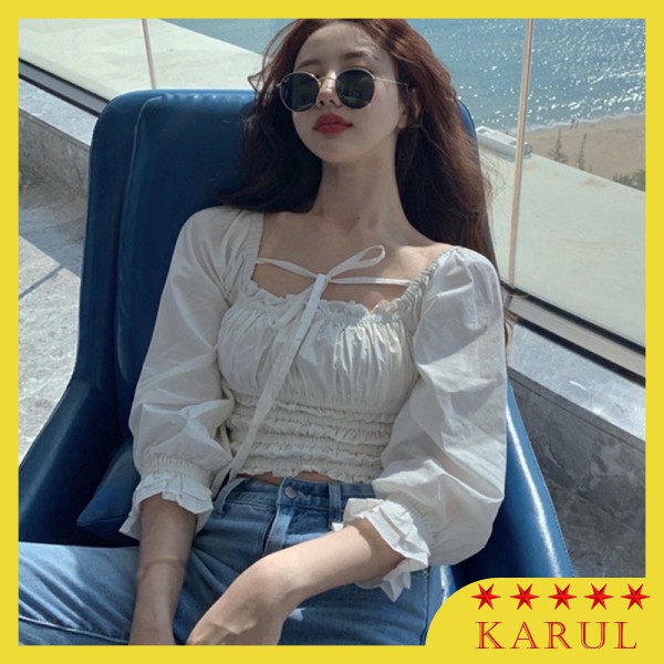 Áo croptop trắng trễ vai buộc dây cổ, Áo croptop trắng trễ vai bèo sang chảnh phong cách Hàn Quốc | BigBuy360 - bigbuy360.vn