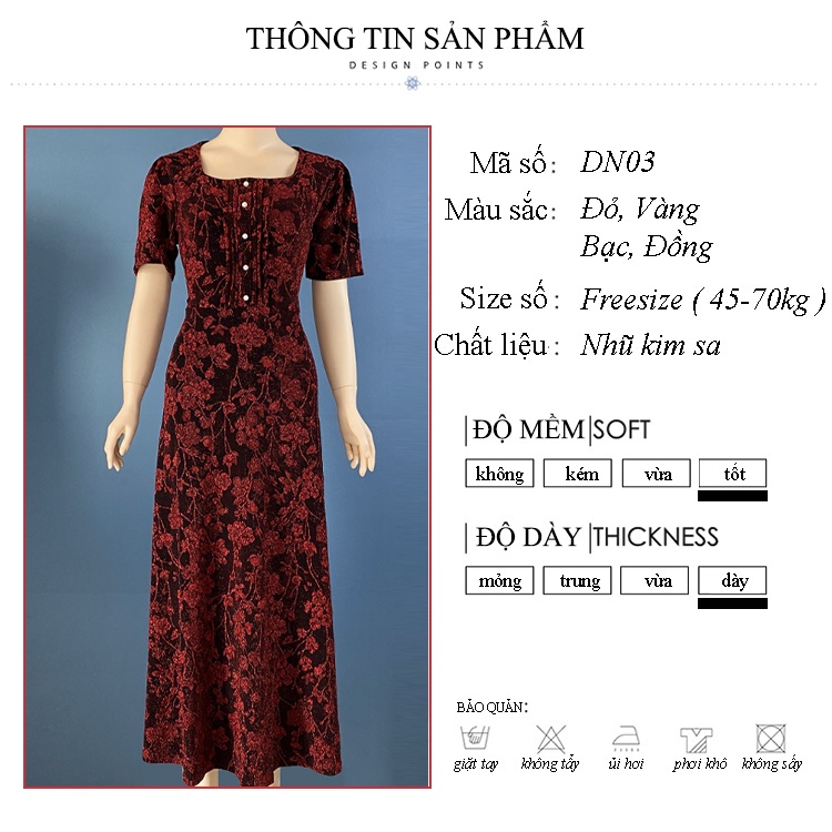 Váy đầm trung niên cho mẹ sang trọng bigsize tới 80kg, cao cấp dự tiệc chất nhũ kim sa co giãn cực tốt - DN03