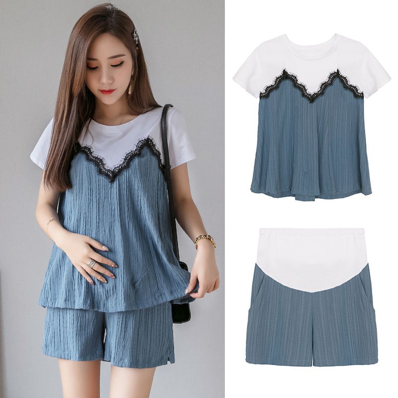 Bộ đồ bà bầu phiên bản Hàn Quốc gồm áo voan rộng và quần đùi nâng bụng hai mảnh1